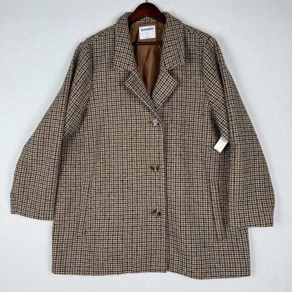 NEW Old Navy Womens 2X Houndstooth Wool Blend Coat Brown Tan Plaid Overcoat - Picture 2 of 14